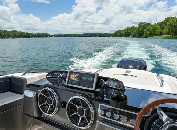Boat cockpit with dual marine speakers and a central display screen overlooking an open lake.