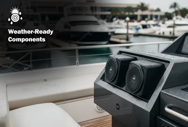 Marine speakers mounted on a boat console with a marina in the background. Text reads "Weather Ready Components."