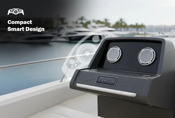 Compact marine speaker console mounted on a boat with yachts blurred in the background. Text reads "Compact Smart Design."
